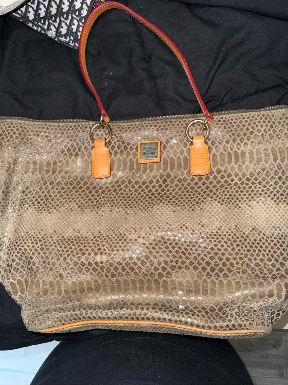 Dooney & Bourke Beige Snake-Print Tote with Orange Trim and Red Handles